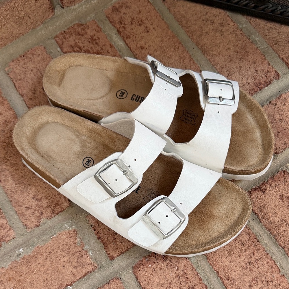 White Double Buckle Women's Sandals, Size 8